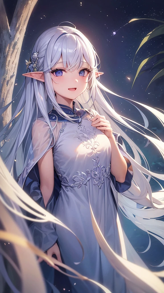 ((Highest quality)), ((masterpiece)), (detailed), One girl, Streaming portrait、Silver hair straight long hair、No Ahoge、Half Up、Parallel thin eyebrows、Double droopy eyes、Thin lips、Small nose、Blue Eyes、Long eyelashes、Delicate appearance、The chest is a little large、Illustration seen from the front、A big smile with an open mouth、White Chinese formal wear、Fantastic illustrations、Highlights are 7 colors、The light is on my face、Illustration of eyes matching the viewer、Elf、whole body、Illustration of toes、No background、Standing Pose、Hair doesn't spread illustration、