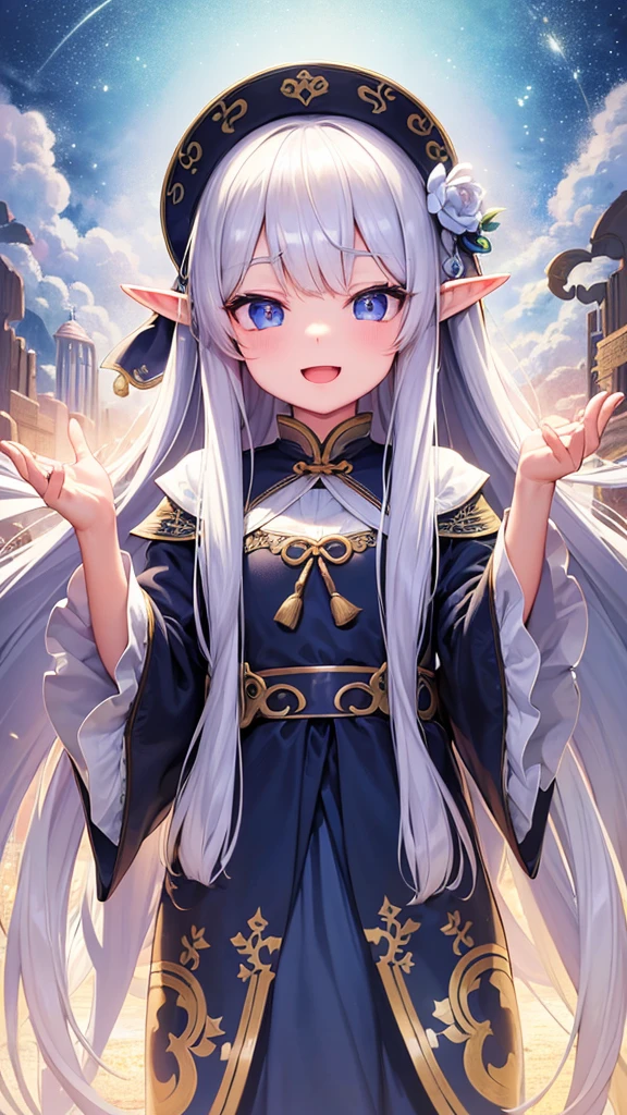 
((Highest quality)), ((masterpiece)), (detailed), One girl, Streaming portrait、Silver hair straight long hair、No Ahoge、Half Up、Parallel thin eyebrows、Double droopy eyes、Thin lips、Small nose、Blue Eyes、Long eyelashes、Delicate appearance、The chest is a little large、Illustration seen from the front、A big smile with an open mouth、White Chinese formal wear、Fantastic illustrations、Highlights are 7 colors、The light is on my face、Illustration of eyes matching the viewer、Elf、whole body、Illustration of toes、No background、Standing Pose、Hair doesn&#39;t spread illustration、