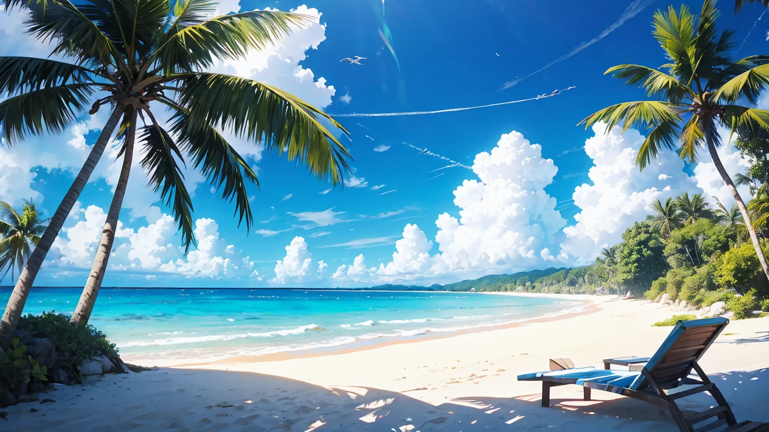 Ocean,On a tropical island,blue sky,White cloud,Clear and transparent,Far away in the sky