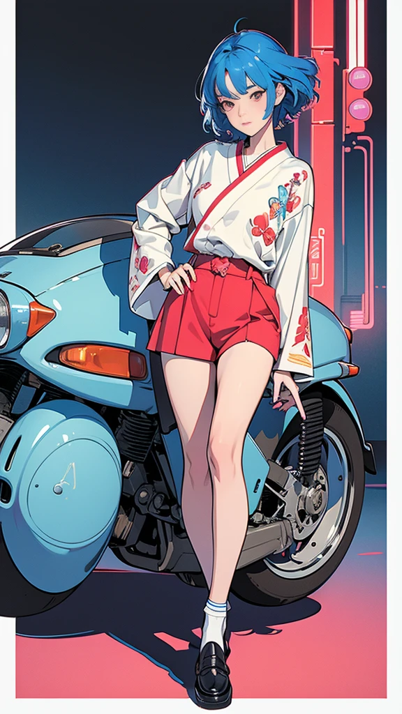 ((masterpiece,Highest quality)),One girl,Beautiful attention to detail, Detailed face, High resolution illustrations, Red eyes, feminine, Blue Hair, short hair, Japanese , loafers, Spank, Synthwave, Illustration with shading, Digital Art, Very detailed, The finer details, Complex, Neon color