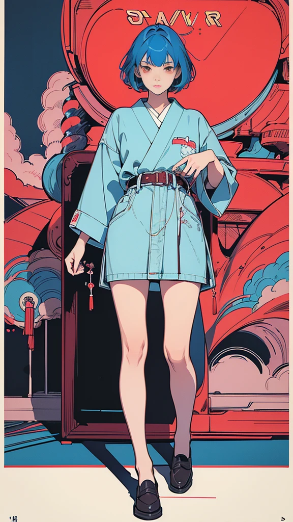 ((masterpiece,Highest quality)),One girl,Beautiful attention to detail, Detailed face, High resolution illustrations, Red eyes, feminine, Blue Hair, short hair, Japanese , loafers, Spank, Synthwave, Illustration with shading, Digital Art, Very detailed, The finer details, Complex, Neon color