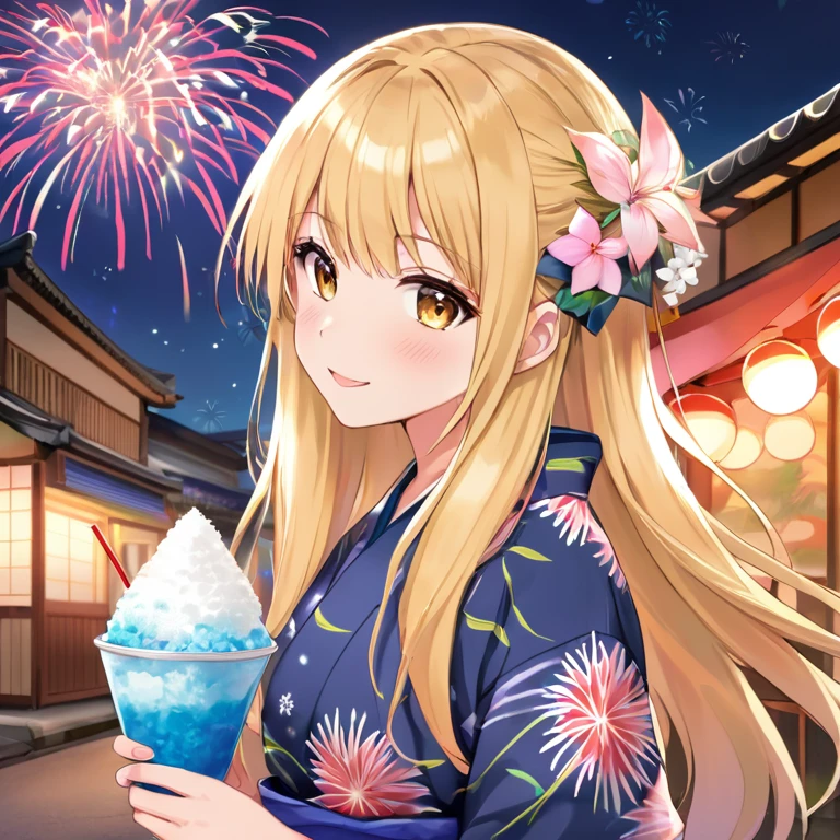 Fireworks, Yukata, Long blonde hair, Shaved ice, Yo-yo