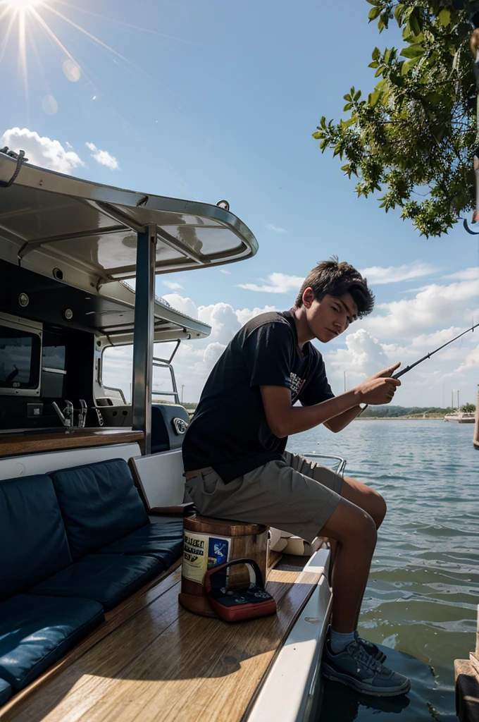 teenage boy is fishing on a boat in the afternoon facing the sun