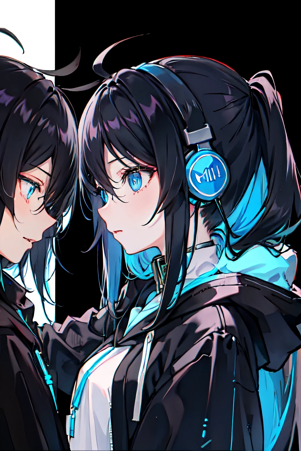 One Girl、Long Hair、Black Hair、Bigger headphones、Blue Eyes、Black hoodie、Musical、Headphones easy to understand、profile