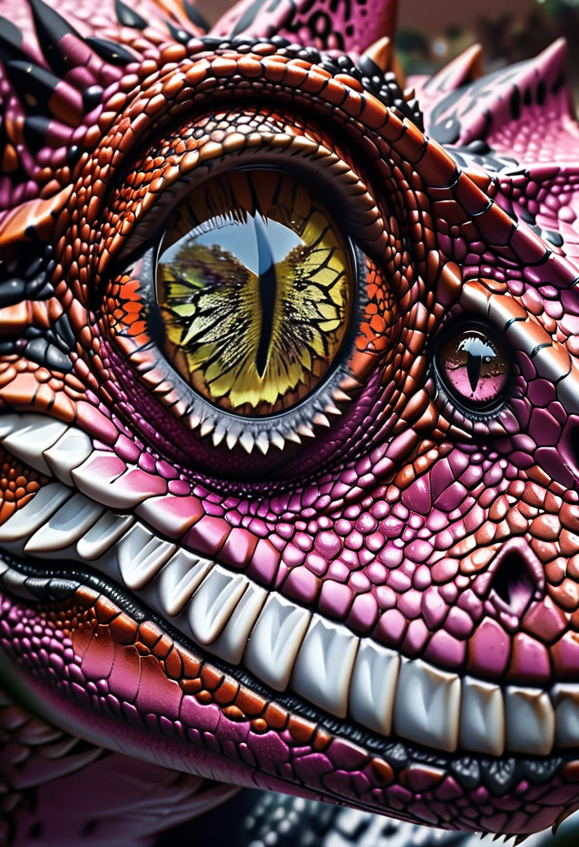 there is (black and white butterfly: 1.2)  sitting on the top of the nose of a (pink T-rex: 1.2) dinosaur, a really close up shot, (masterpiece: 1.4) intense details, highly detailed, photorealistic, best quality, highres,16k, [ultra detailed], masterpiece, best quality, (extremely detailed), close up facial shot, picture, dynamic angle 