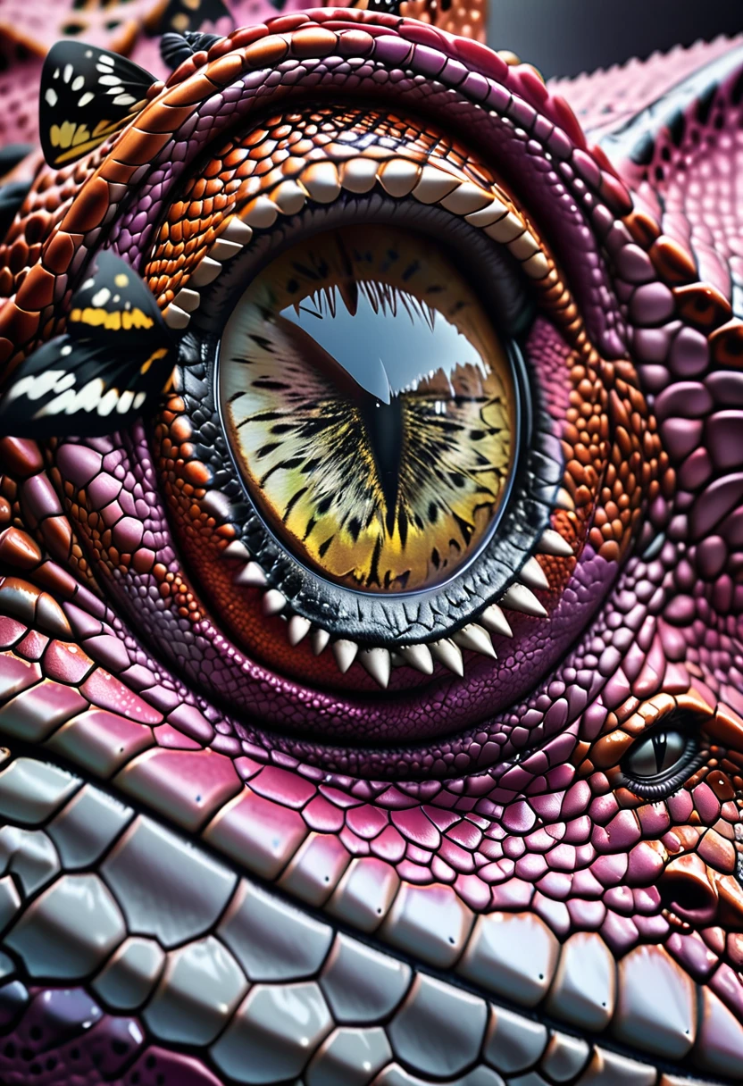 there is (black and white butterfly: 1.2)  sitting on the top of the nose of a (pink T-rex: 1.2) dinosaur, a really close up shot, (masterpiece: 1.4) intense details, highly detailed, photorealistic, best quality, highres,16k, [ultra detailed], masterpiece, best quality, (extremely detailed), close up facial shot, picture, dynamic angle 