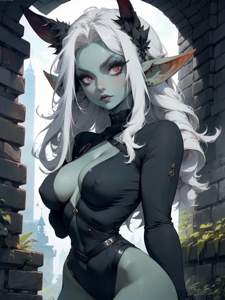 high-quality, ultra-detailed, white hair, long disheveled hair, colored skin, ((gray skin)) red eyes, glowing eyes, underground scene, large_breast, elf ears, pointed ears, blue aura, monster girl, monster girl, goth girl, goth makeup, pawg, tomboy, Dark, Ethereal, fantasy, details, style, gothic, melacholy, allusive, goblin girl, goblin girl, richly dressed, feline girl