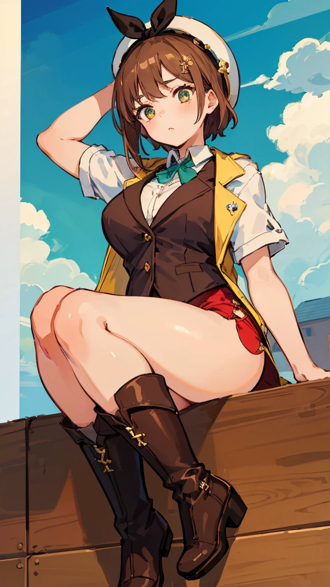 (Highest quality, 8K, masterpiece :1.3),Lizaリン・シュタウト(Lizaのアトリエ),Liza,Plump, One woman,Large Breasts,short hair,Brown Hair,hair band,Clothing,hat,White shirt,Yellow and white vest,Red shorts,Brown long boots,Big Ass,