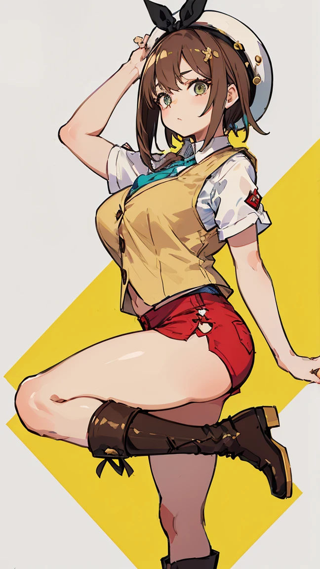 (Highest quality, 8K, masterpiece :1.3),Lizaリン・シュタウト(Lizaのアトリエ),Liza,Plump, One woman,Large Breasts,short hair,Brown Hair,hair band,Clothing,hat,White shirt,Yellow and white vest,Red shorts,Brown long boots,Big Ass,