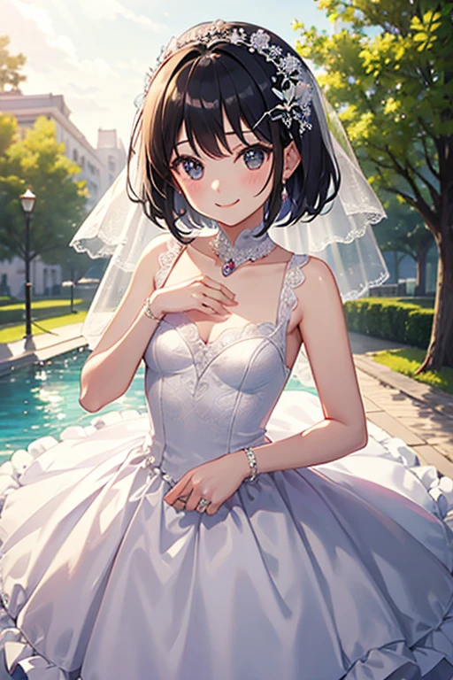Black Hair、Iris、short hair、Girl、cute、16 years old、Wedding dress、smile、、Small breasts、Small hair ornament、