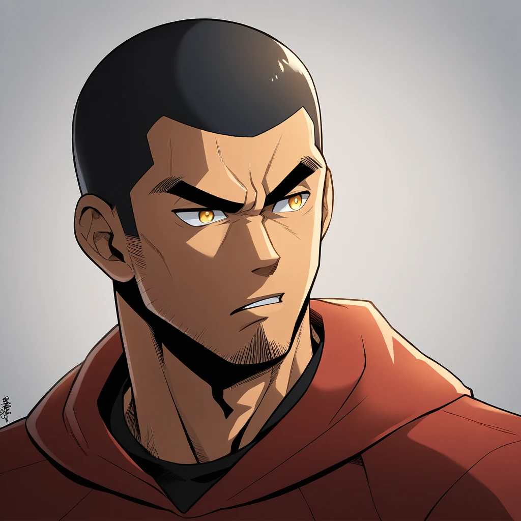 anime characters:Gyee, Young Muscle Sports Teacher, negro black skin, Buzz Cut, Manliness, male focus, Dark red long-sleeved hooded sweatshirt, Very tight, muscular male, muscular, only, Upper body, alone, Black short hair, Thick eyebrows, stubble, Yellow eyes, Grey background, simple background, amazing quality, best aesthetics, Ridiculous, bright pupils, crew cut, parted lips, angry, v-shaped eyebrows, jitome, frown, best quality