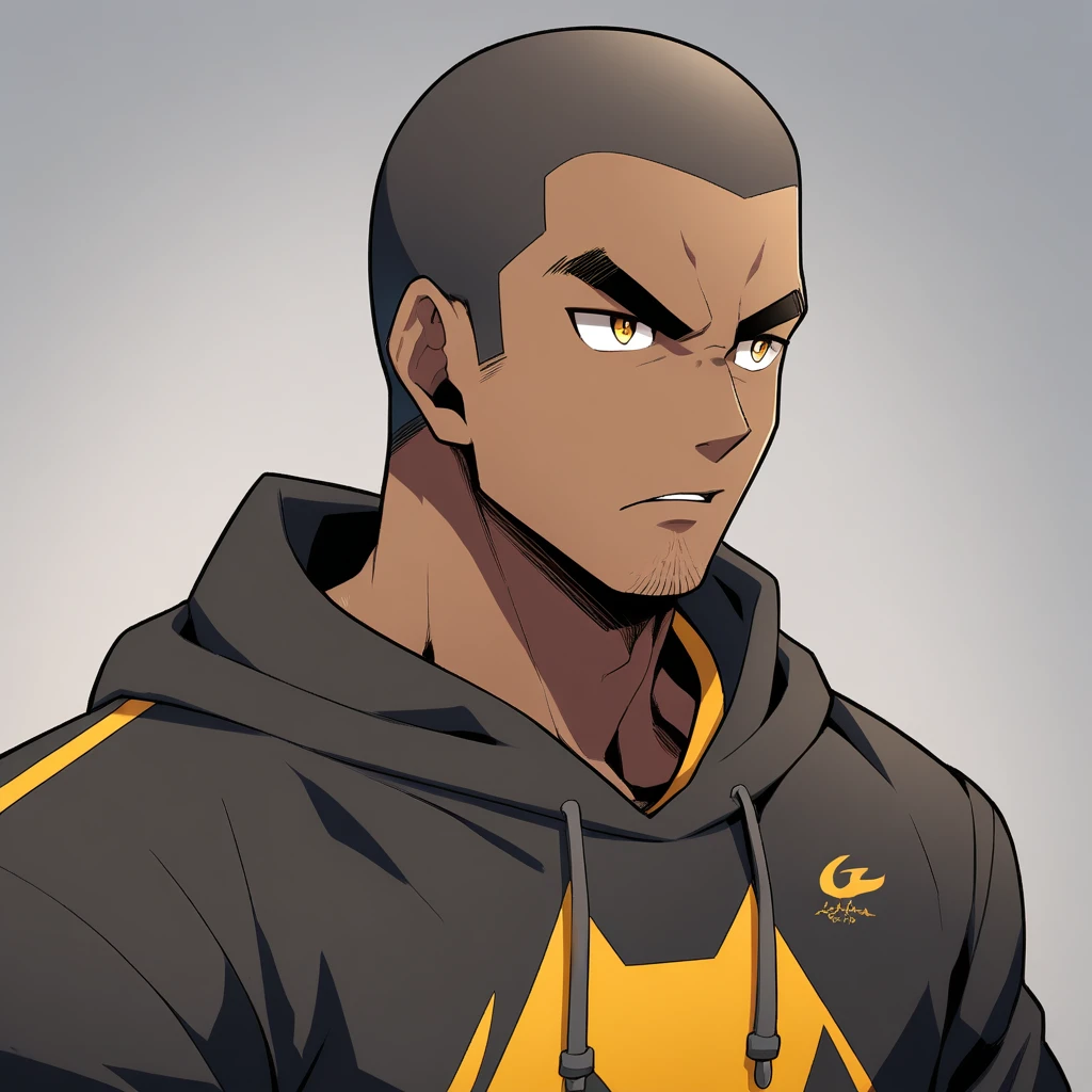 anime characters:Gyee, Young Muscle Sports Teacher, black skin, Buzz Cut, Manliness, male focus, Dark red long-sleeved hooded sweatshirt, Very tight, muscular male, muscular, only, Upper body, alone, Black short hair, Thick eyebrows, stubble, Yellow eyes, Grey background, simple background, amazing quality, best aesthetics, Ridiculous, bright pupils, crew cut, parted lips, angry, v-shaped eyebrows, jitome, frown, best quality
