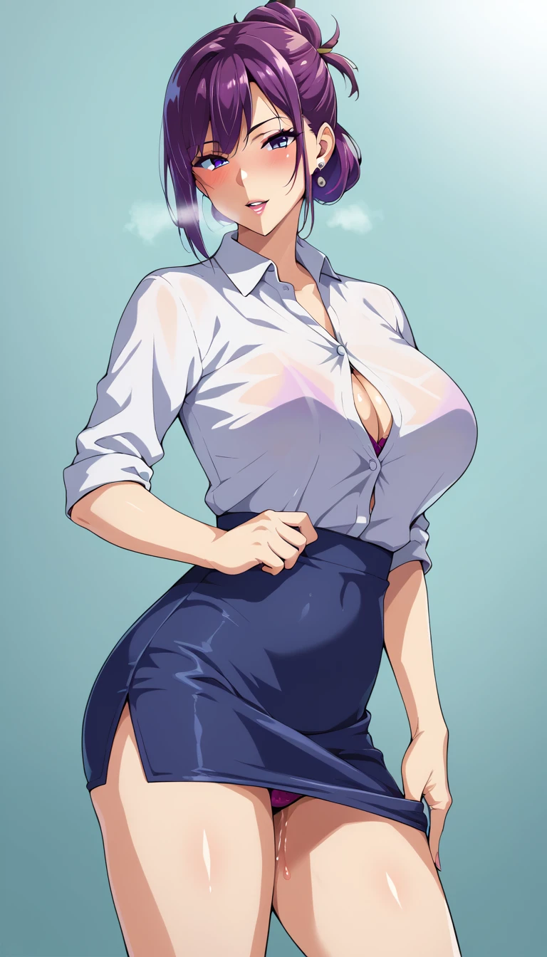 {masterpiece, best quality, ultra detailed, high resolution}, takeda hiromitsu style, nsfw, 1 woman, 30 years old, white blouse, pencil skirt, curly purple hair up, curvy body, makeup, skirt lift, show panty,  (blushing:1.3), (love juice:1.3), heavy breath