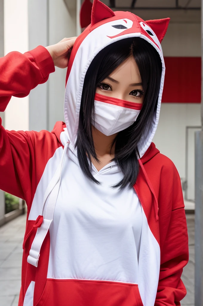 Create anime character wearing red hoody and white mask