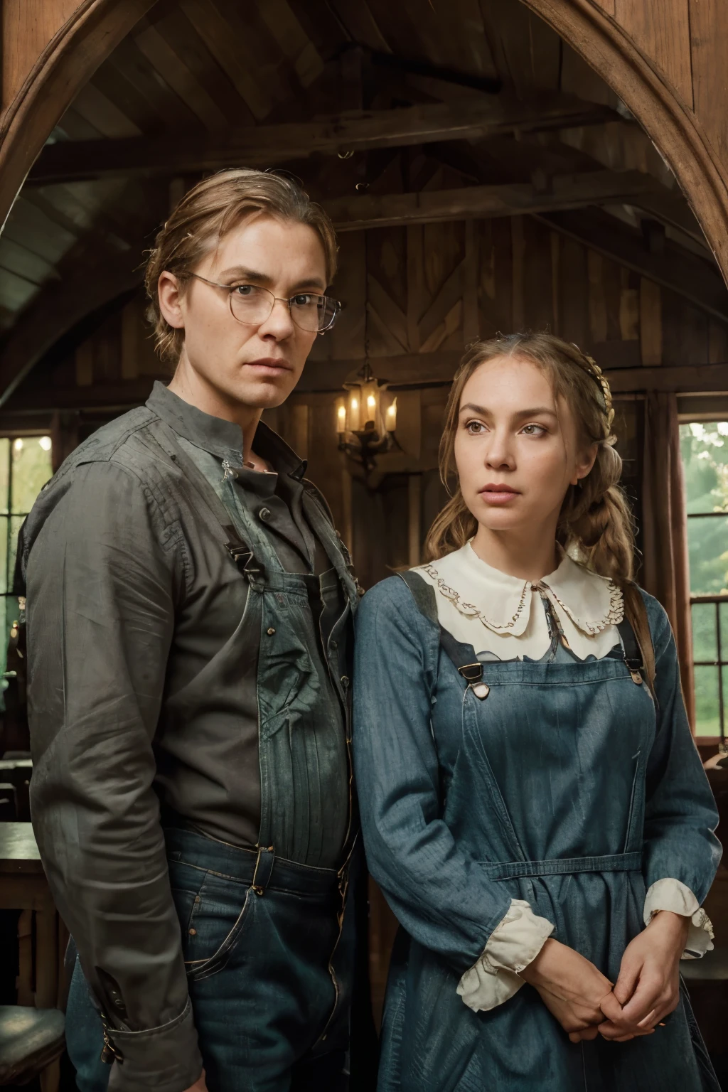 8K, ultra realistic photograph, in the style of David LaChapelle, (1 woman and 1 man:1.9), (left foreground: 1 woman, wearing a black dress with a white Peter Pan collar, a brown blouse with a colonial print imitating traditional American style, blonde, hair tied with a brooch featuring an orange cameo, pinched mouth, visible wrinkles at the corners of her lips, looking somber and worried), (right foreground: 1 older man, looking straight ahead severely, round glasses, elongated face, advanced baldness, grey hair, circumflex eyebrows, thin mouth, austere expression, wearing a collarless shirt with thin green stripes, denim overalls, black jacket, holding a three-pronged pitchfork in his right hand, a red barn partially visible above his left shoulder), (center background: a house with Gothic architecture, a tall neo-Gothic window above a porch supported by slender columns, through the window, an embroidered curtain, behind the house, naive round trees in the background)