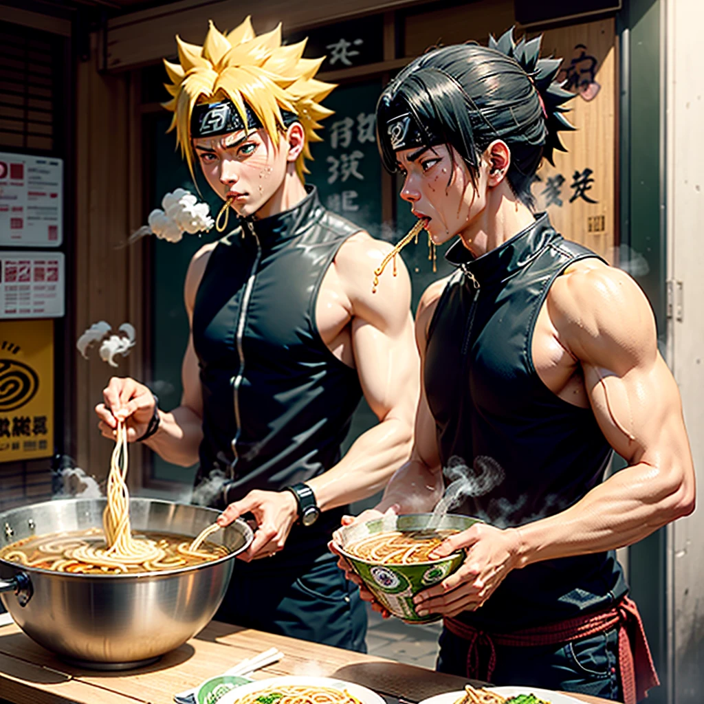 Anime screencap, anime style, anime scene, Naruto Uzumaki slurps noodles into his mouth, broth dripping down his chin as he savors the flavor. He sits at a small table outside a run-down ramen shack, steam rising from the steaming bowl. 