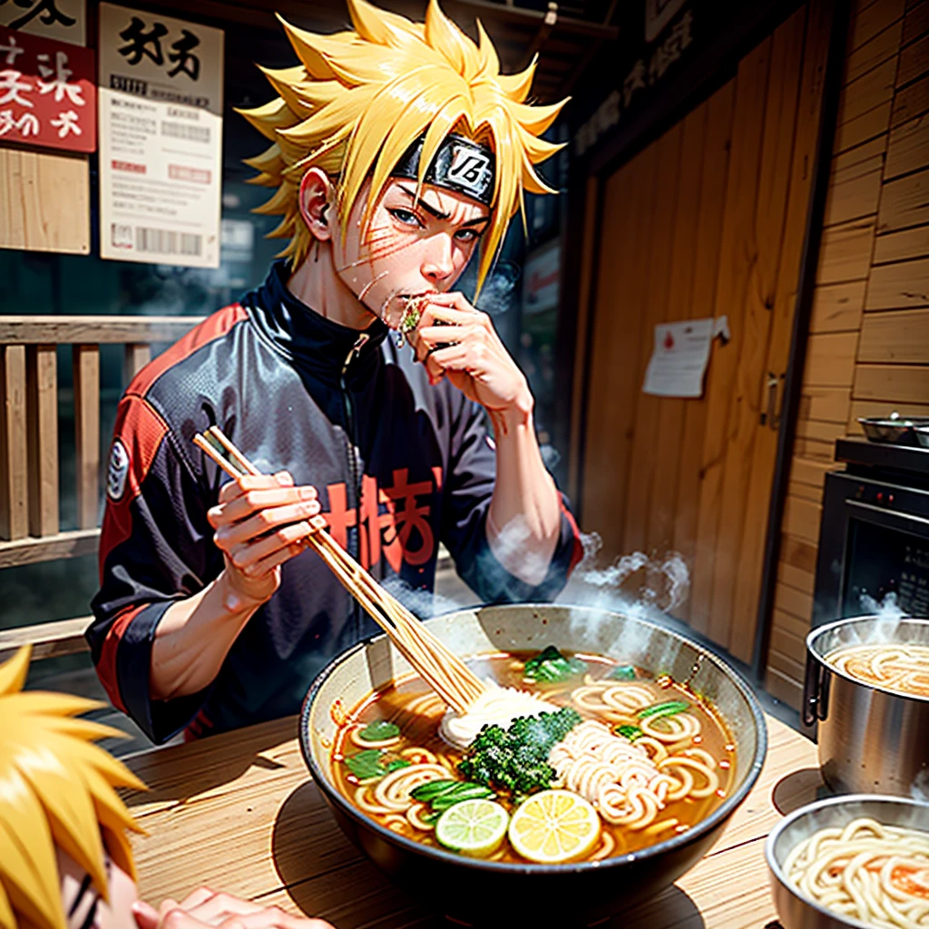 Anime screencap, anime style, anime scene, Naruto Uzumaki slurps noodles into his mouth, broth dripping down his chin as he savors the flavor. He sits at a small table outside a run-down ramen shack, steam rising from the steaming bowl. 
