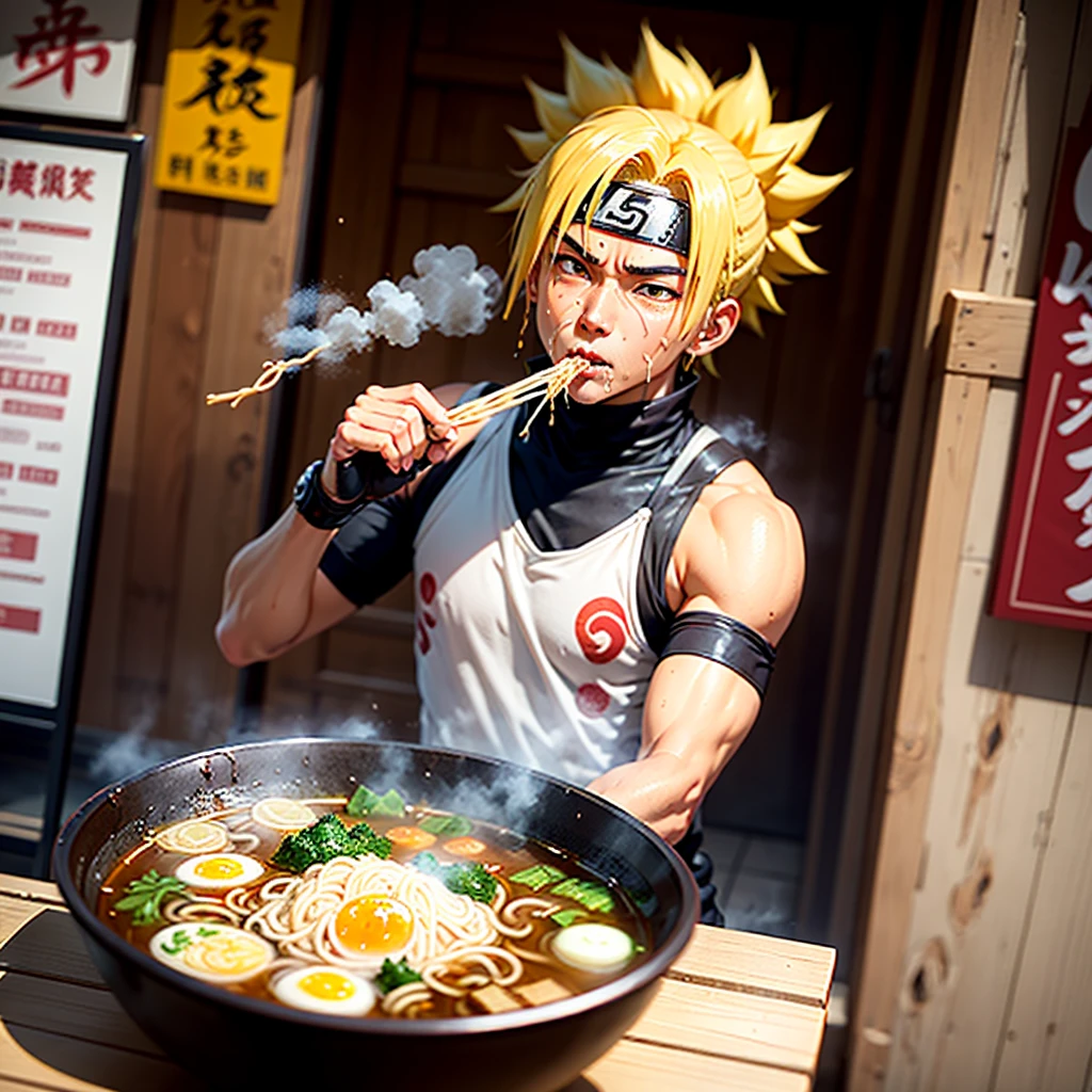 Anime screencap, anime style, anime scene, Naruto Uzumaki slurps noodles into his mouth, broth dripping down his chin as he savors the flavor. He sits at a small table outside a run-down ramen shack, steam rising from the steaming bowl. 