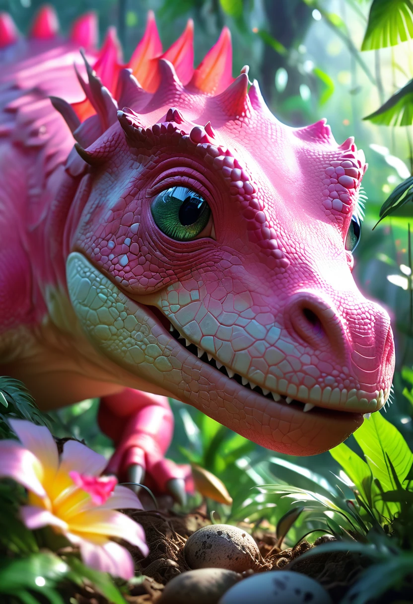 (A cute pink(Tyrannosaurus)Hatched from the egg), Beautiful and delicate eyes, Long eyelashes,Beautiful and delicate face, Extremely detailed eyes and face, Cute expression, Dense jungle background, Dreamy, Fantastic, watercolor, number, (best quality,4K,8K,high resolution,masterpiece:1.2),Extremely detailed,(Practical,photoPractical,photo-Practical:1.37),Vibrant colors,Soft lighting
