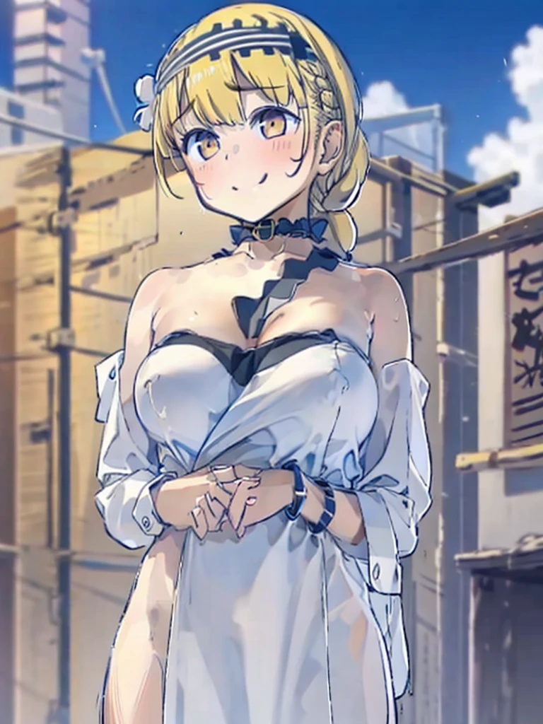 1girl, bandages, bandana, bare_shoulders, beach, blonde_hair, bracelet, braid, breasts, choker, cleavage, cloud, collarbone, dark-skinned_female, dark_skin, doubt_(thedo_ubt), highres, jewelry, khanae_(tomarius), lips, long_hair, looking_at_another, ocean, orange_eyes, original, outdoors, sand, scar, sky, smile, solo, tree, best quality, masterpiece, nai3