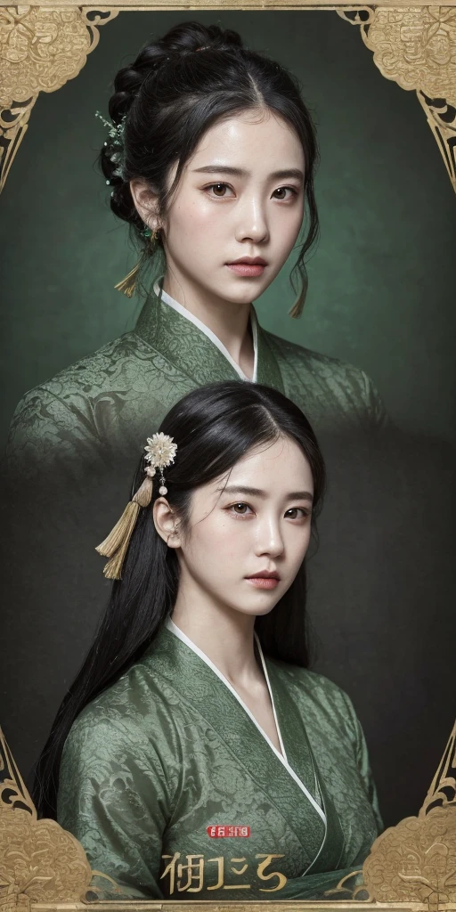 1 girl, heroine, handsome, splashed ink, Chinese armor, (upper body), black hair, floating hair, delicate eyes, black and green antique damask Hanfu, fov, (f1.8), (masterpiece), (portrait shot), front shot, white background, (movie poster), weapon