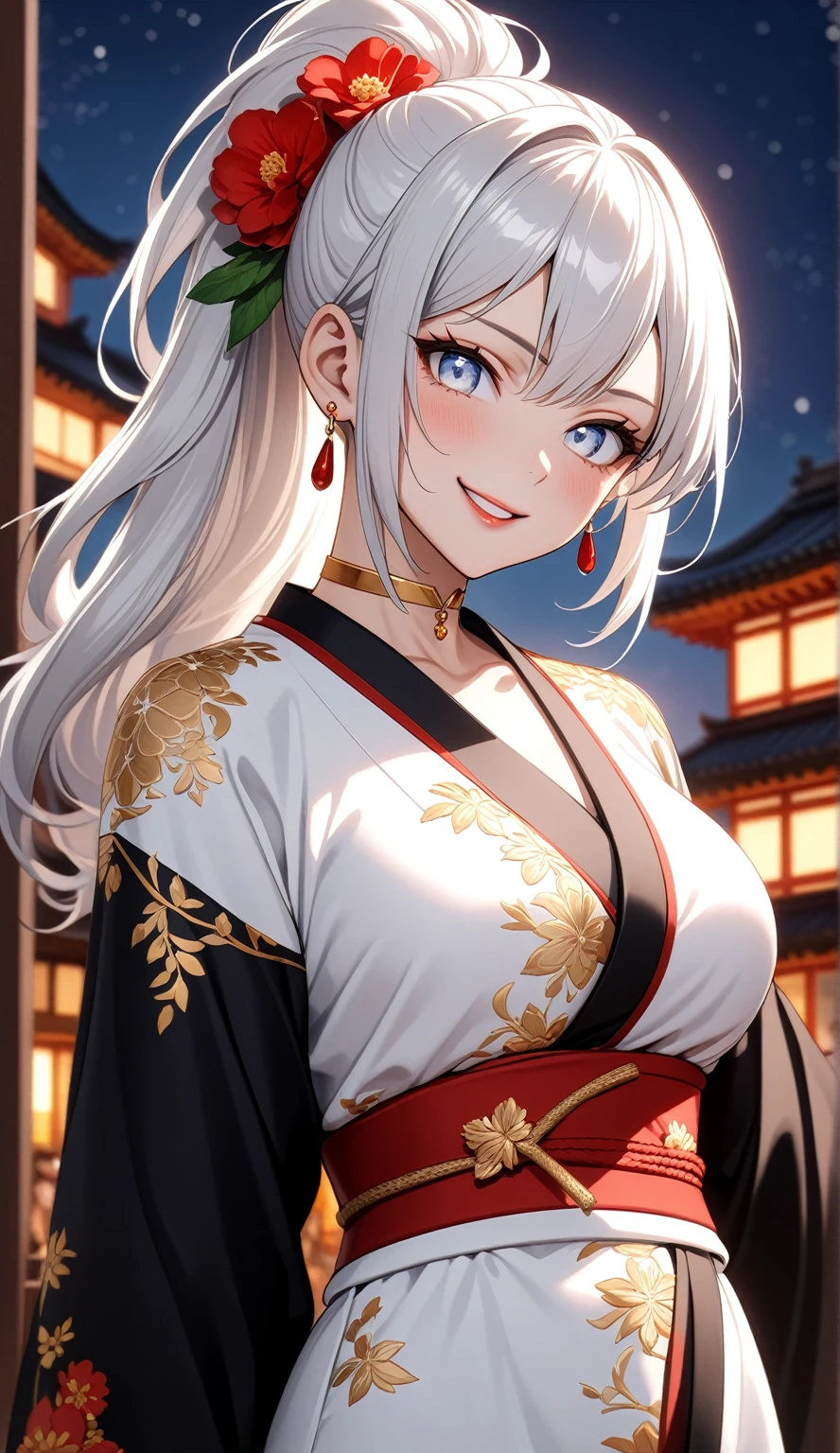 ((One personの女性)), Beautiful Face, (Laughing embarrassedly), (laugh:1.2),((Wink:1.9)), (head tilt:1.3), Laugh with your mouth wide open, upper teeth, ((Bright red cheeks:1.4)),Glossy Red Lips,rooftop, firework, Glossy red lips, Shining Face, ((Anime style background)),masterpiece, Highest quality, so beautiful,up to date, Complex details, (Pink long nails),(ring),(bracelet),(Floral choker),AI-generated, Complex,High resolution, Highest quality, super high quality,3D Images、3D Images,One person,Long white hair,High Ponytail, Anime woman posing for a photo,(blue eyes), ((Fine grain、Silvery white colorful eyes、Shining Eyes:1.4)), (Squint your eyes:1.1),a hyperRealistic , hyperRealistic , Realistic,Anime woman with long white hair, Smooth anime CG art, A woman in a colorful kimono with gold embroidery, (Black long sleeve kimono),Red floral pattern,Long flower hair ornament,Earrings,Mature Body,(Big Breasts:1.1),Tall,Abdominal muscles,Tight waist,(Zoom up to face:1.4), (front view),