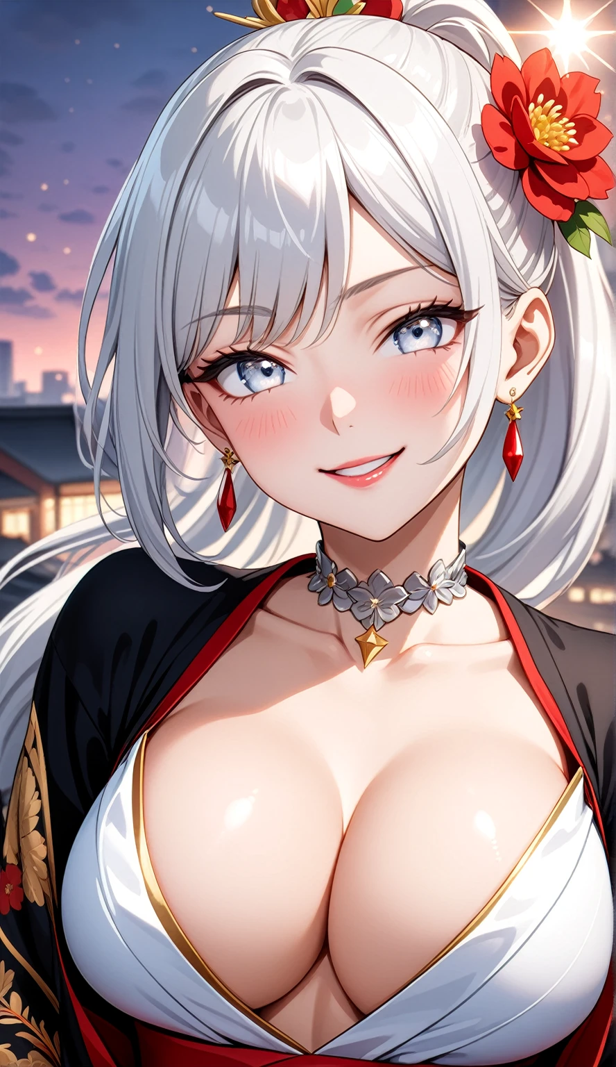 ((One personの女性)), Beautiful Face, (Laughing embarrassedly), (laugh:1.2),((Wink:1.9)), (head tilt:1.3), Laugh with your mouth wide open, upper teeth, ((Bright red cheeks:1.4)),Glossy Red Lips,rooftop, firework, Glossy red lips, Shining Face, ((Anime style background)),masterpiece, Highest quality, so beautiful,up to date, Complex details, (Pink long nails),(ring),(bracelet),(Floral choker),AI-generated, Complex,High resolution, Highest quality, super high quality,3D Images、3D Images,One person,Long white hair,High Ponytail, Anime woman posing for a photo,(blue eyes), ((Fine grain、Silvery white colorful eyes、Shining Eyes:1.4)), (Squint your eyes:1.1),a hyperRealistic , hyperRealistic , Realistic,Anime woman with long white hair, Smooth anime CG art, A woman in a colorful kimono with gold embroidery, (Black long sleeve kimono),Red floral pattern,Long flower hair ornament,Earrings,Mature Body,(Big Breasts:1.1),Tall,Abdominal muscles,Tight waist,(Zoom up to face:1.4), (front view),