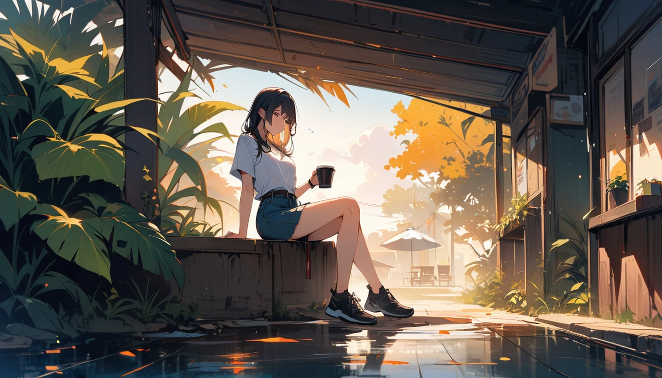 (masterpiece, Highest quality:1.2), 1 Girl, whole body,alone,Have a coffee,Tropical atmosphere