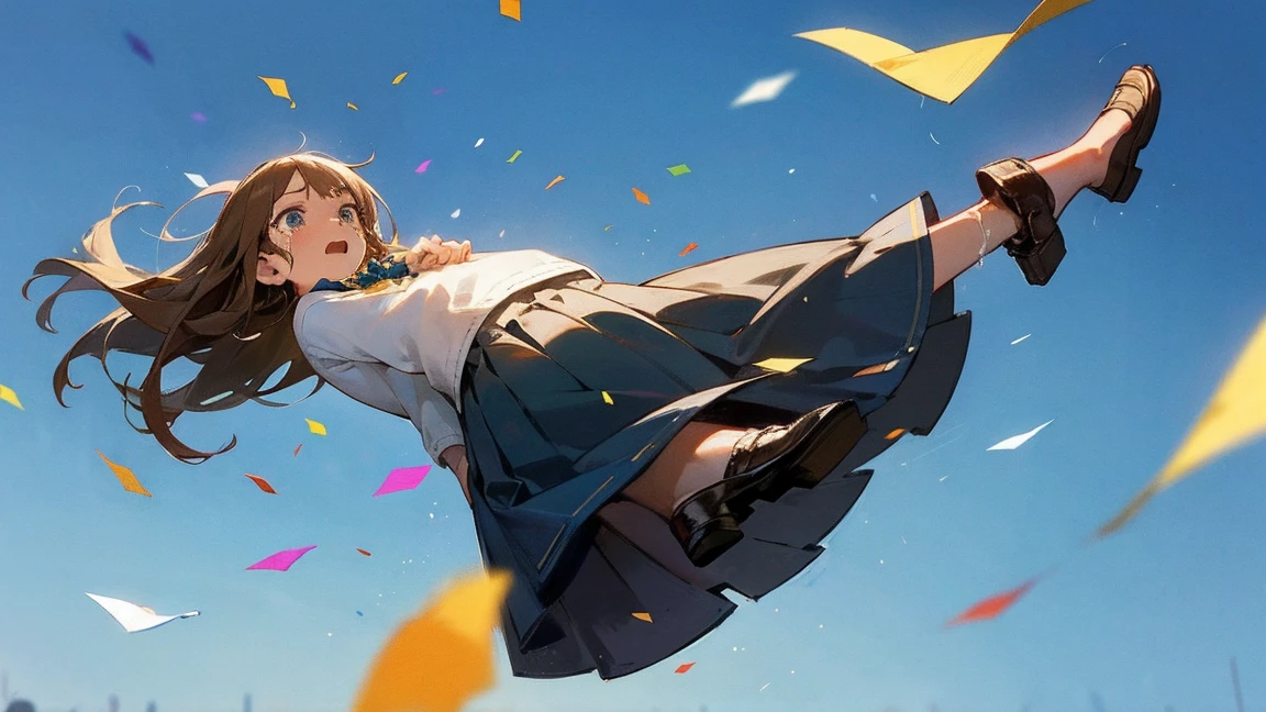 ((Highest quality)), ((masterpiece)), ((Very detailed)),Floatingする女の子,Angry expression,floating,Floating,Confetti,Brown Hair,tears,Levitating,Blue sky background,Feet in the air,tears,gravity,Long skirt,loafers,Raise both hands,beautiful fingers,beautiful hands,fingertip,nail,arms behind back
