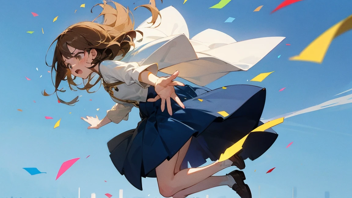 ((Highest quality)), ((masterpiece)), ((Very detailed)),Floatingする女の子,Angry expression,floating,Floating,Confetti,Brown Hair,tears,Levitating,Blue sky background,Feet in the air,tears,gravity,Long skirt,loafers,Raise both hands,beautiful fingers,beautiful hands,fingertip,nail,arms behind back