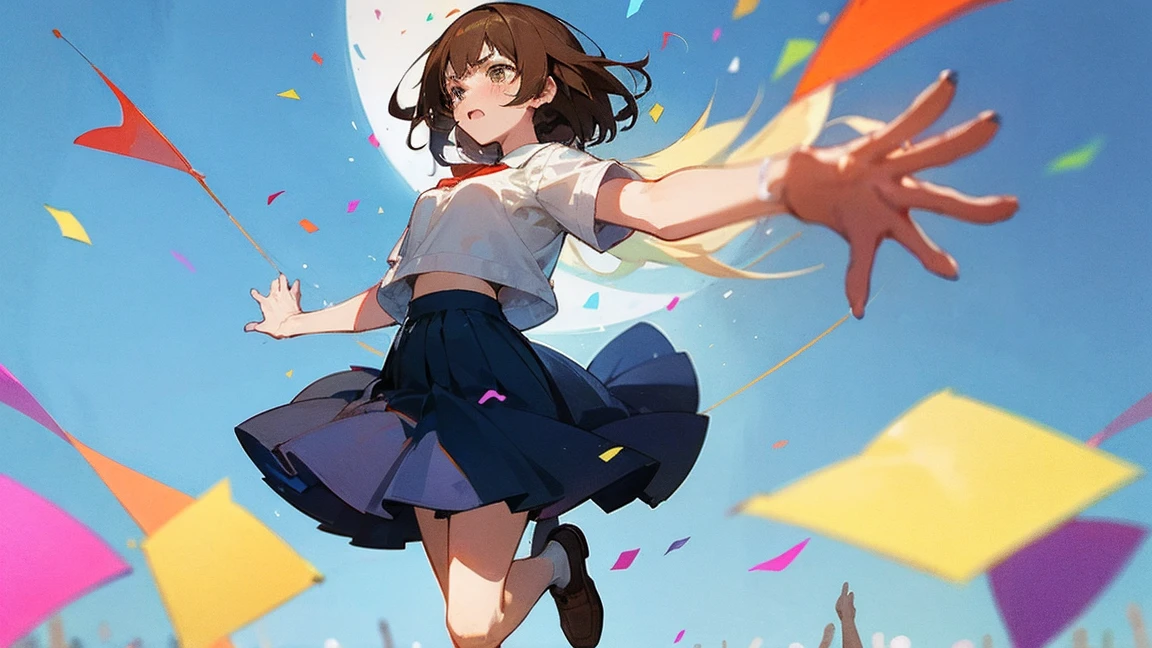 ((Highest quality)), ((masterpiece)), ((Very detailed)),Floatingする女の子,Angry expression,floating,Floating,Confetti,Brown Hair,tears,Levitating,Blue sky background,Feet in the air,tears,gravity,Long skirt,loafers,Raise both hands,beautiful fingers,beautiful hands,fingertip,nail,arms behind back