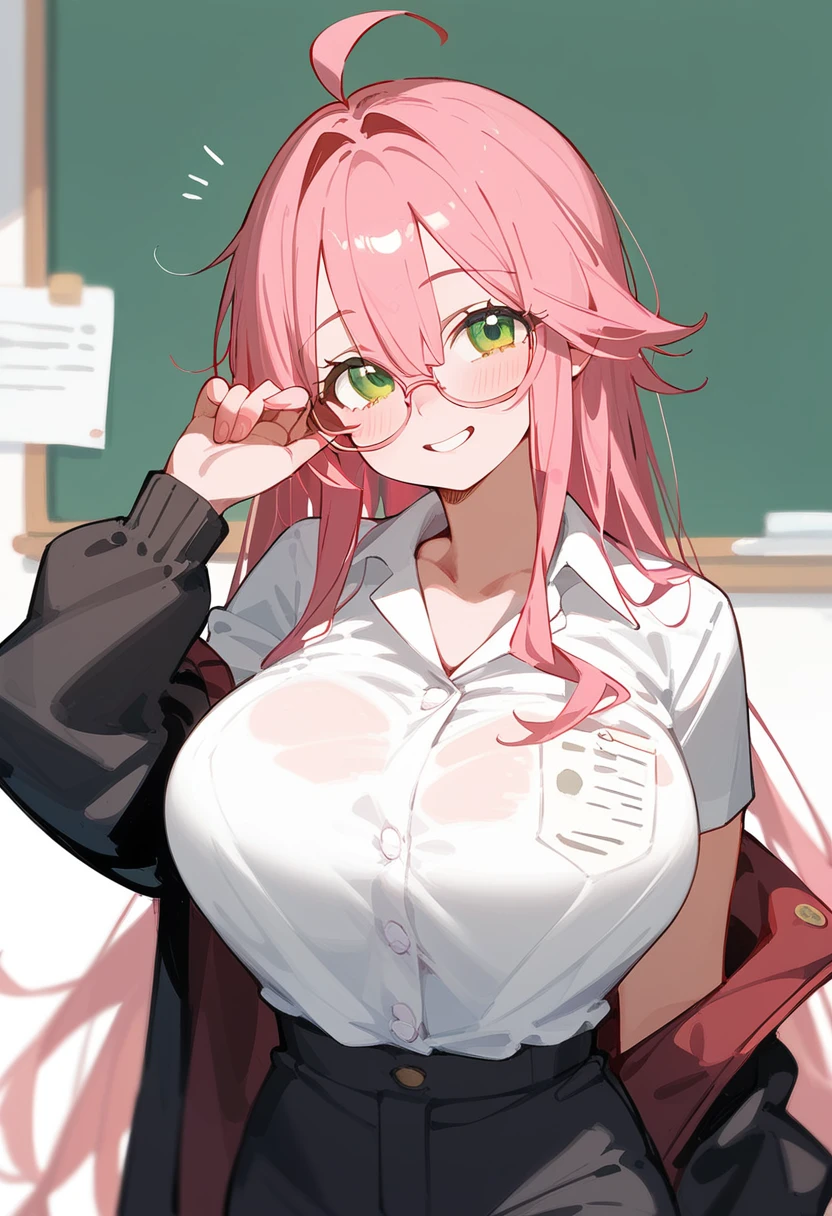 One Woman、private teacher、Big Breasts、Pink Hair、Long Hair、Straight Hair、Ahoge、Kind older sister、Pink small glasses、Green Eyes、smile、Droopy eyeature、one&#39;s home、Women&#39;s Room、Teaching students to study