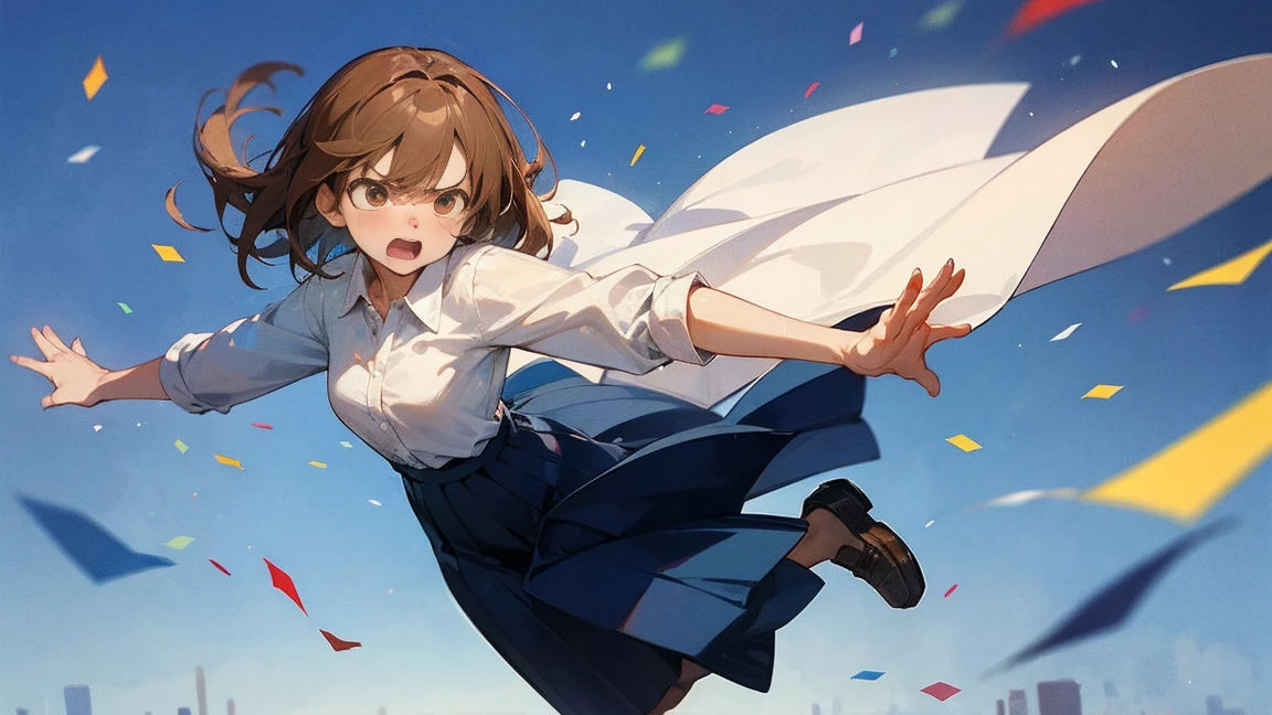 ((Highest quality)), ((masterpiece)), ((Very detailed)),Floatingする女の子,Angry expression,floating,Floating,Confetti,Brown Hair,tears,Levitating,Blue sky background,Feet in the air,tears,gravity,Long skirt,loafers,Raise both hands,beautiful fingers,beautiful hands,fingertip,nail,arms behind back