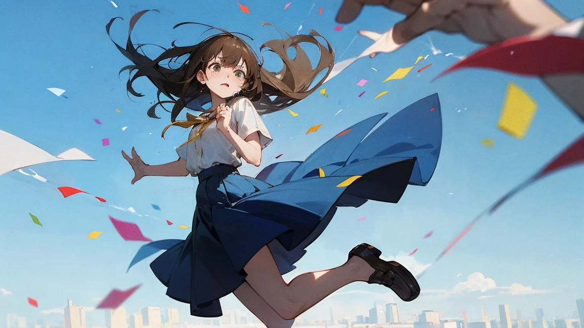 ((Highest quality)), ((masterpiece)), ((Very detailed)),Floatingする女の子,Angry expression，floating，Floating，Confetti，Brown Hair,tears,Levitating,Blue sky background,Feet in the air,tears,gravity,Long skirt,loafers,Raise both hands,beautiful fingers,beautiful hands,fingertip,nail,arms behind back