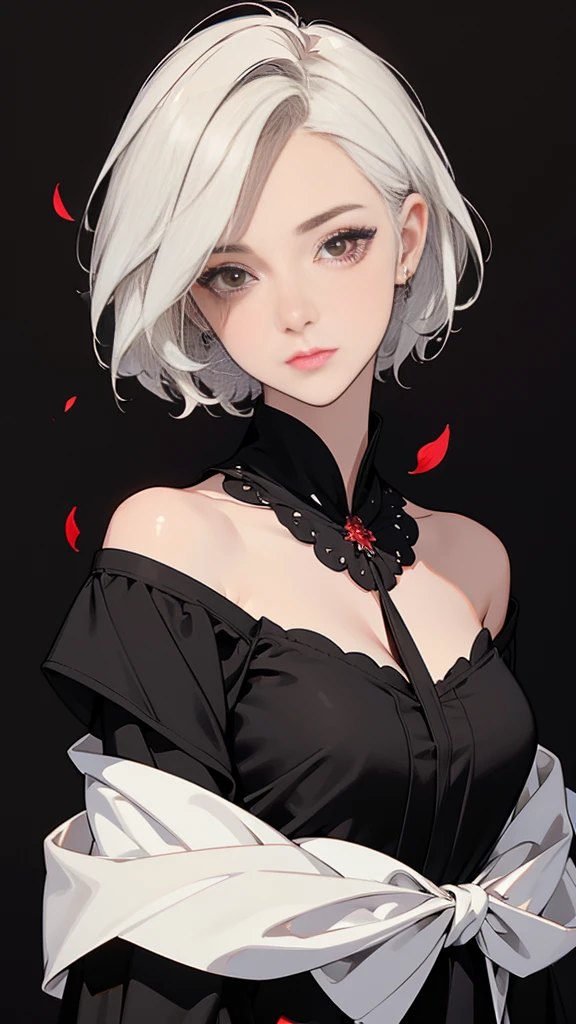 ((masterpiece,Highest quality)),One girl,Beautiful attention to detail, Detailed face, (whole body:1.2), White short hair, Red eyes,Mid-chest, (Black background:1.2), petal, Shadowed face,