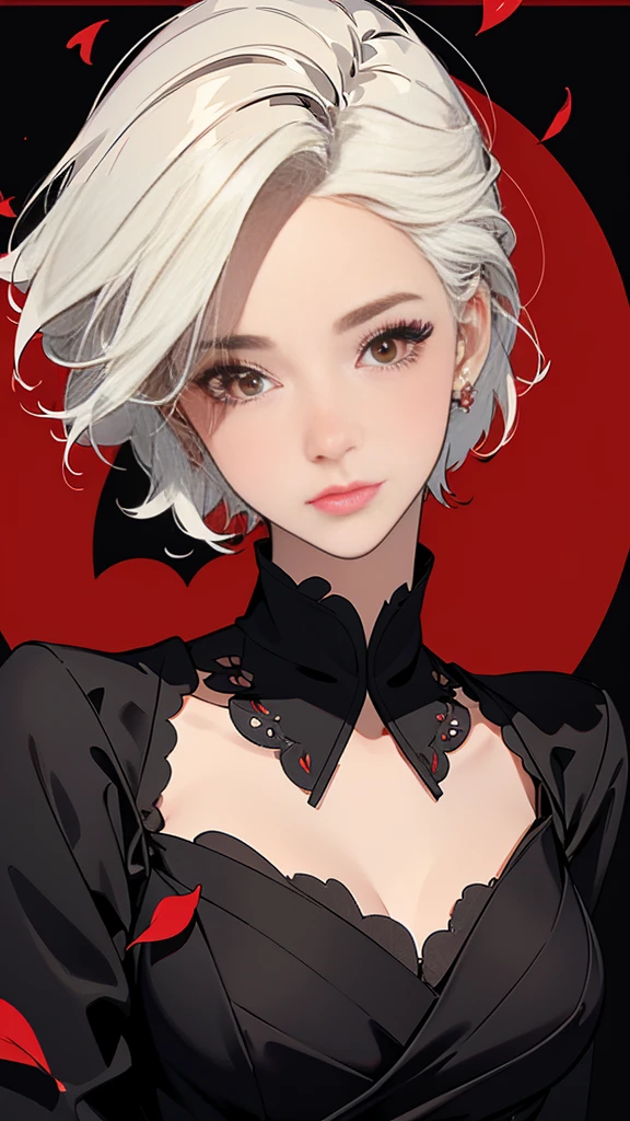 ((masterpiece,Highest quality)),One girl,Beautiful attention to detail, Detailed face, (whole body:1.2), White short hair, Red eyes,Mid-chest, (Black background:1.2), petal, Shadowed face,