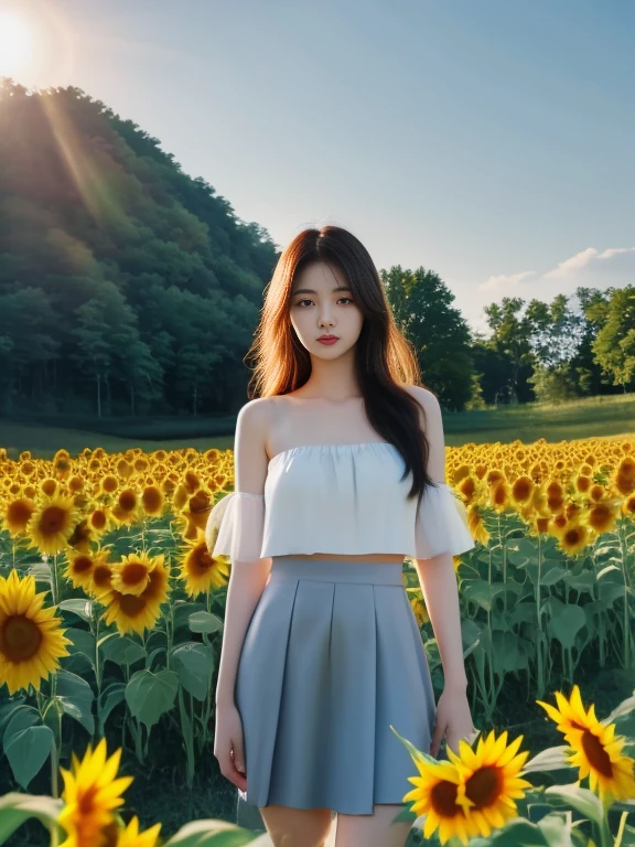 beautiful young woman 25 years old, In the sunflower field, Jae Yeon Nam, Hot with bright sunlight, morning sun, staring at the viewer, dynamic poses, 8K, 45,000,000,000 pixels, Thai chat set, Strapless top, long hair,black eyes,abdominal muscles, (digital painting, HDR, High contrast, sunflowers in the background,