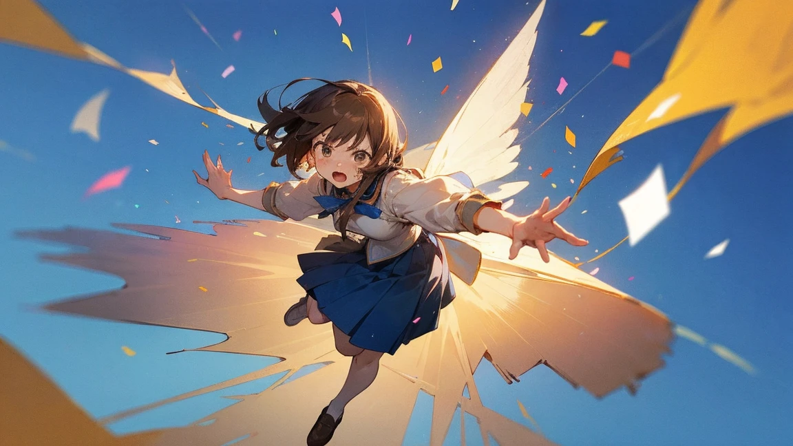 ((Highest quality)), ((masterpiece)), ((Very detailed)),Floatingする女の子,Angry expression，floating，Floating，Confetti，Brown Hair,tears,Levitating,Blue sky background,Feet in the air,tears,gravity,Long skirt,loafers,Raise both hands,beautiful fingers,beautiful hands,fingertip,nail,arms behind back