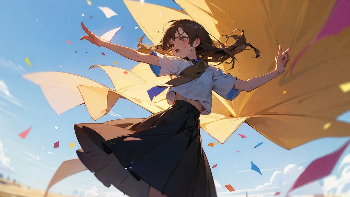 ((Highest quality)), ((masterpiece)), ((Very detailed)),Floatingする女の子,Angry expression，floating，Floating，Confetti，Brown Hair,tears,Levitating,Blue sky background,Feet in the air,tears,gravity,Long skirt,loafers,Raise both hands,beautiful fingers,beautiful hands,fingertip,nail,arms behind back