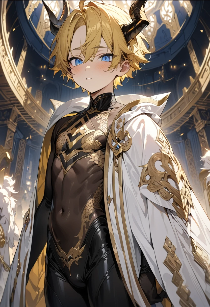 high quality,(best quality,4K,a high resolution,masterpiece:1.2),super detailed,(1 boy),(独奏),juvenile,(Male juvenile),handsome and cute boy,yellow hair, black dragon horn, Black bodysuit with golden pattern,blue eye，short hair，single photo,the white temple of light,magnificent palace background，Wearing a white cape behind
