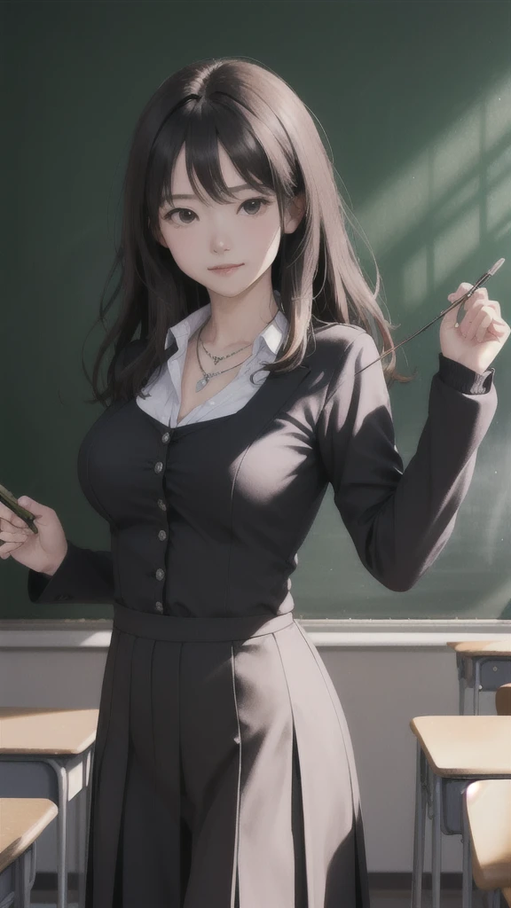 (Highly detailed CG Unity 8k wallpaper)、(masterpiece)、(Highest quality)、(Super detailed)、(Best illustrations)、(Best Shadow)、Ultra-high resolution、(Real、Photorealistic:1.2)、(Beautiful student teacher:1.4)、Dark brown long hair、(Large Breasts:1.2)、(School classroom:1.4)、(Black recruitment suit:1.2)、(Cute Necklace:1.2)、Puffy eyes、(Stand at the podium with the blackboard behind you:1.2)、(Close-up)、High contrast light、Upper Body