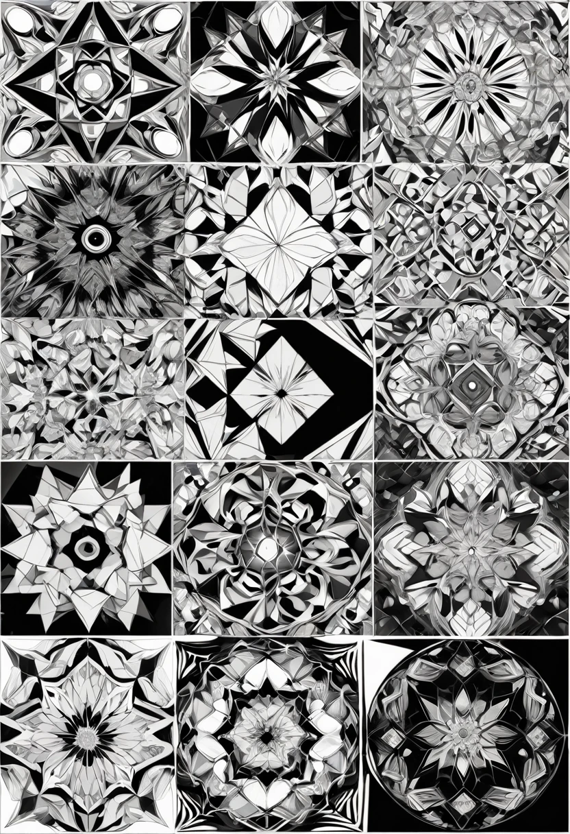 best quality, super fine, 16k, incredibly absurdres, extremely detailed, 2.5D, delicate and dynamic depiction, weird modern art, top left, bottom right, top right, bottom left, diagonal, round, square, irregular, uneven, random colors including monochrome, random kaleidoscope, origami effect