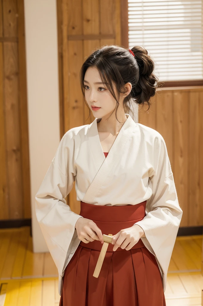 (((best quality))),(((ultra detailed))),(((masterpiece))),illustration,1girl,solo,short ponytail,slim,thin,small breasts,flat chest,white kendogi,three-quarter sleeves,red kendo hakama,standing in kendodo gym,focused and determined expression,ready for challenge,slender and elegant face,confident and resilient,fair skin,blush,neat teeth,bright smile,clean and tidy uniform,wooden gym floor,wall,pine scent,standard grip,ready to slice through obstacles,strong belief,determination,spirit of resilience,admiring
