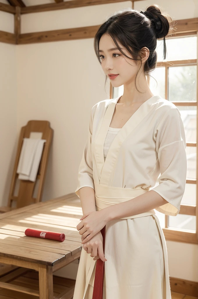 (((best quality))),(((ultra detailed))),(((masterpiece))),illustration,1girl,solo,short ponytail,slim,thin,small breasts,flat chest,white kendogi,three-quarter sleeves,red kendo hakama,standing in kendodo gym,focused and determined expression,ready for challenge,slender and elegant face,confident and resilient,fair skin,blush,neat teeth,bright smile,clean and tidy uniform,wooden gym floor,wall,pine scent,standard grip,ready to slice through obstacles,strong belief,determination,spirit of resilience,admiring