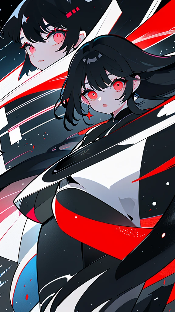 Black Hair,long hair, neon eyes, The wind is blowing, ((central)), ((Wide Shot)), face to face