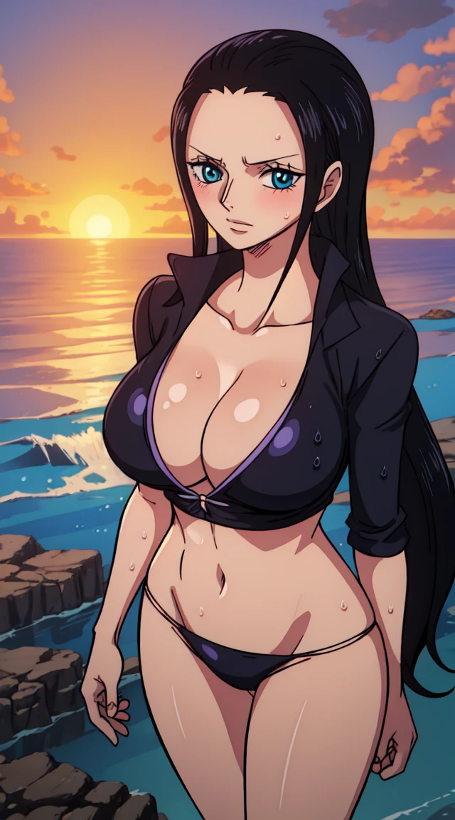 Nico Robin from one piece, black long hair, blue eyes, dark wide pupils, blushing, big breasts, side , wearing thong bikini, standing in the beach,big breasts  , wide hips , mature female , milf , sunrise, shiny skin, wet body, abs, muscle, six pack, dynamic view, close shot view,