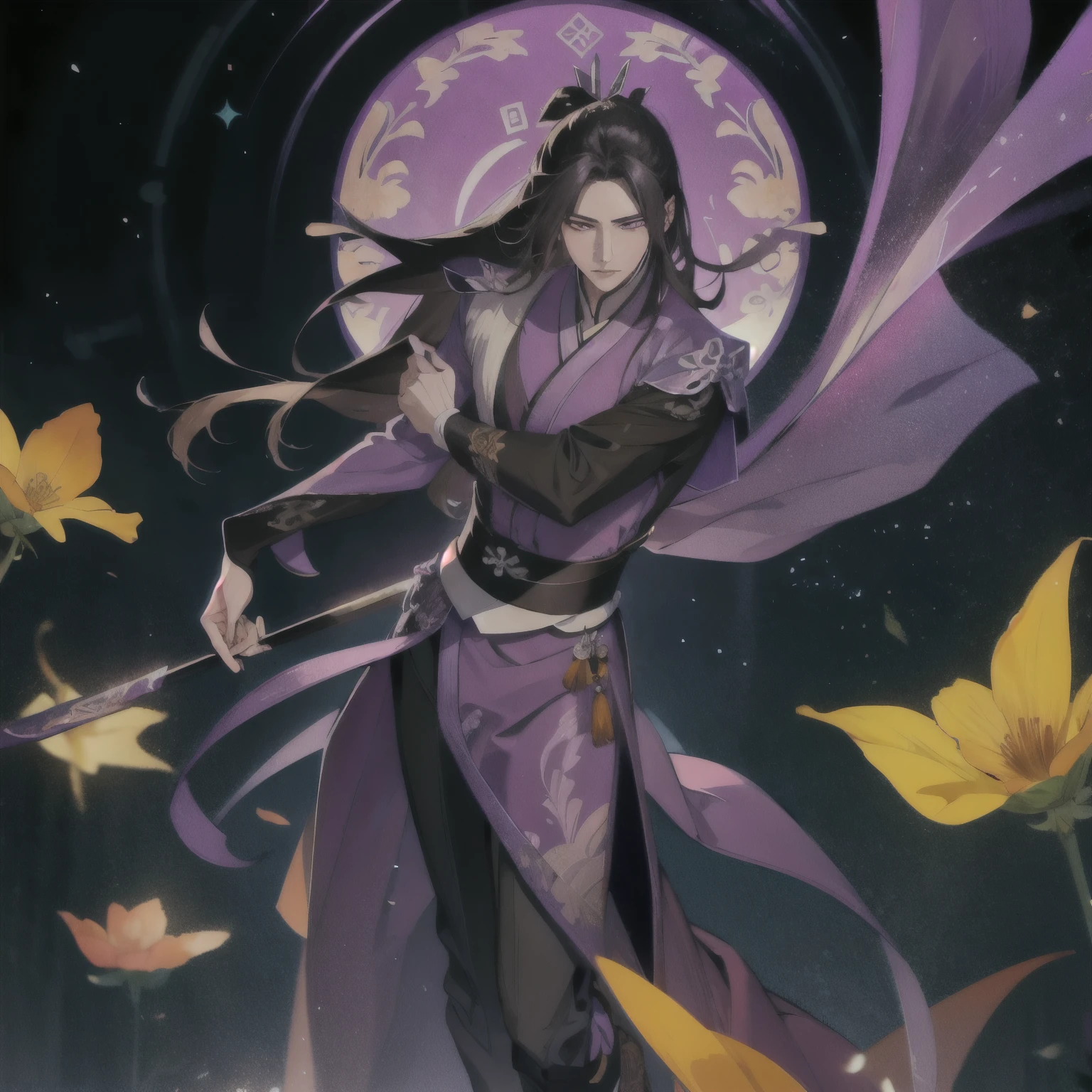 (masterpiece, best quality:1.2), 1male, solo, jiang cheng, mo dao zu shi, mdzs, purple and black clothes, purple eyes, long black hair, perfect anatomy, full body