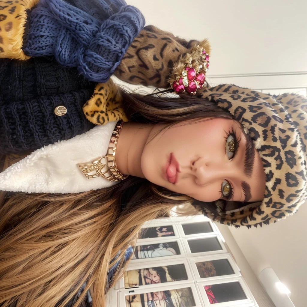 There is a woman wearing a leopard print hat and a leopard print scarf., wearing a choker and a cute hat, Madison Beer, soft devil queen Madison Beer, :: Madison Beer, Madison Beer girl portrait, with hat, wearing a fisherman 🧥, thick lips, by Emma Andijewska, sensual look, profile picture, Medium close-up, profile picture