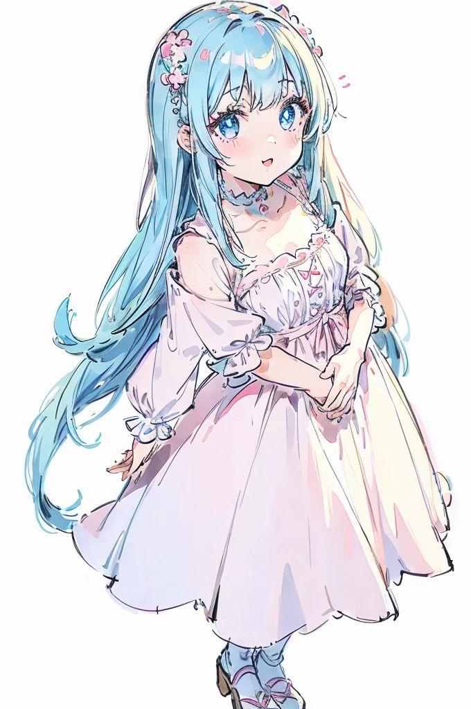 1girl, full body portrait, standing pose, pastel dress, white background, soft lighting, high detail, anime style, vibrant colors, kawaii, big eyes, cheerful expression