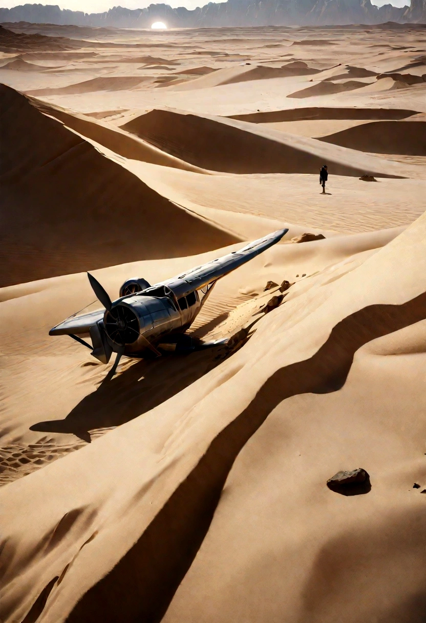 A highly detailed photo-realistic image of a crashed airplane in a vast, arid desert landscape, dust clouds swirling, sun-bleached wreckage partially buried in the sand, shattered fragments scattered across the dunes, a lone figure standing among the debris, surveying the scene, dramatic lighting and shadows, cinematic composition, hyper-realistic textures, 8k, photorealistic, masterpiece, ultra-detailed, sharp focus, physically-based rendering, extreme detail description, professional, vivid colors, cinematic lighting